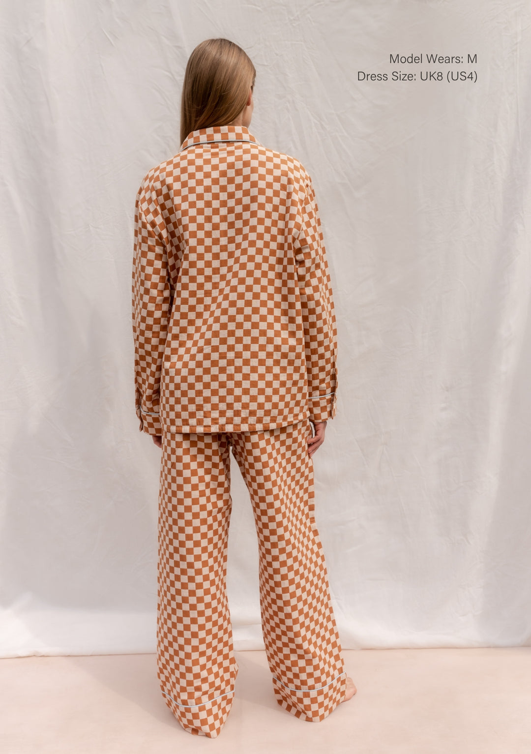 Back view of TBCo Cotton Pyjamas in Honey Checkerboard with breathable cotton fabric and relaxed fit.