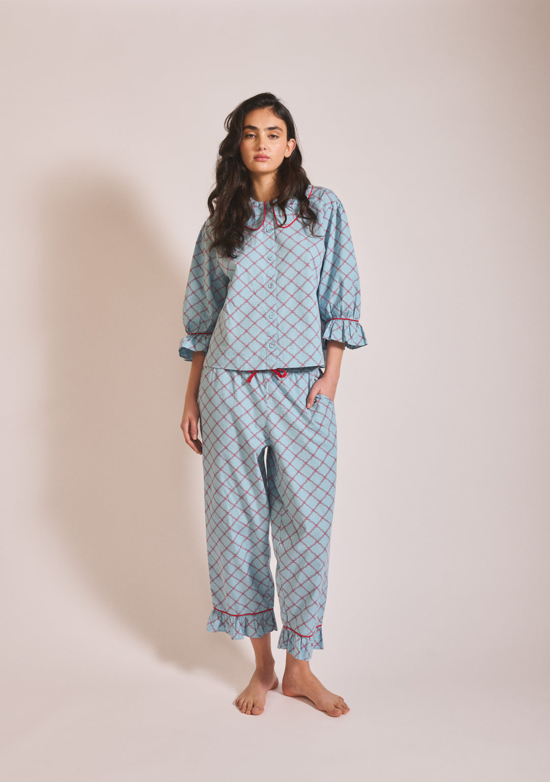 Tbco Pyjamas TBCo Cropped Cotton Women's Pyjamas in Blue Lattice