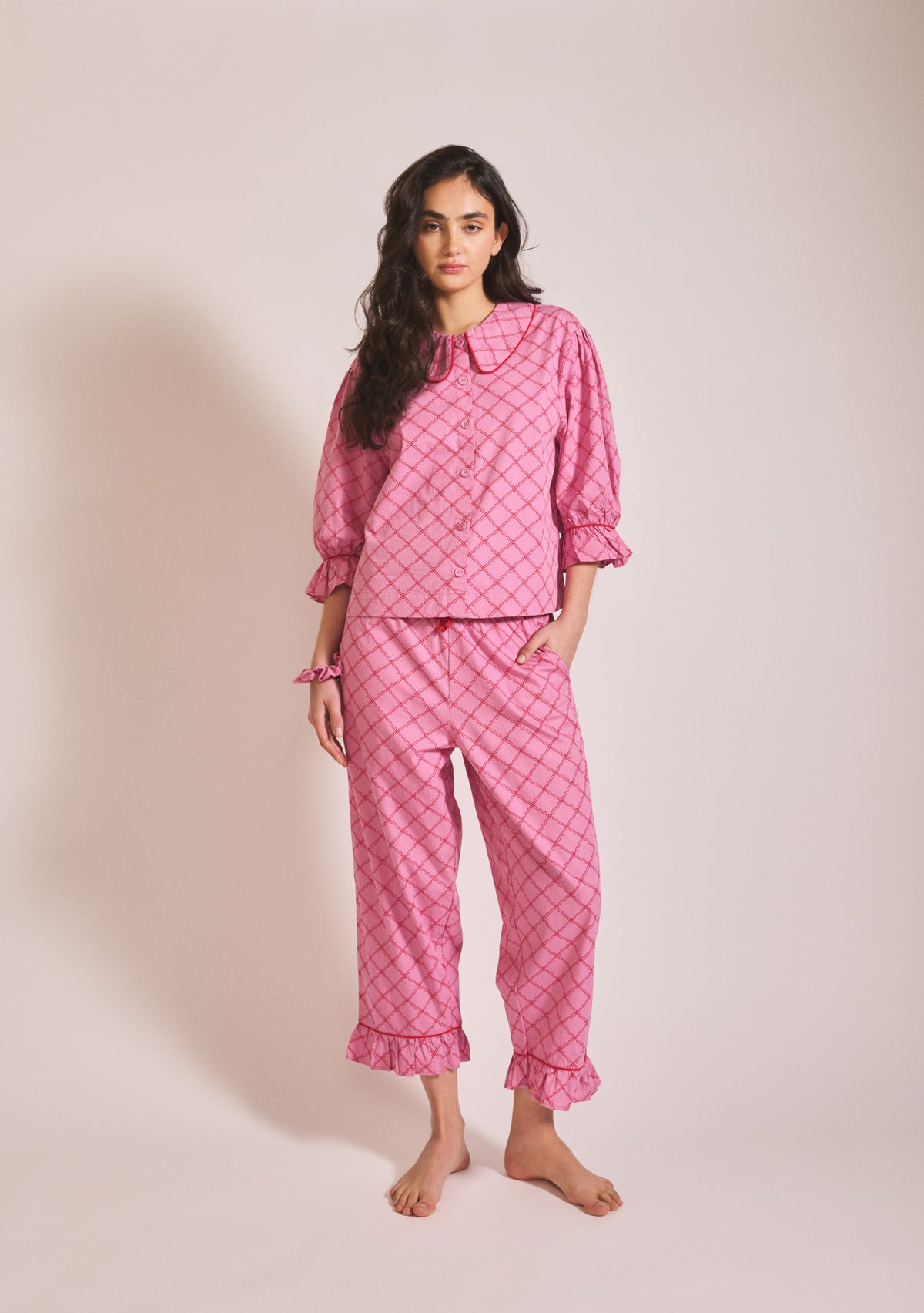 TBCo Cropped Cotton Women's Pyjamas in Pink Lattice