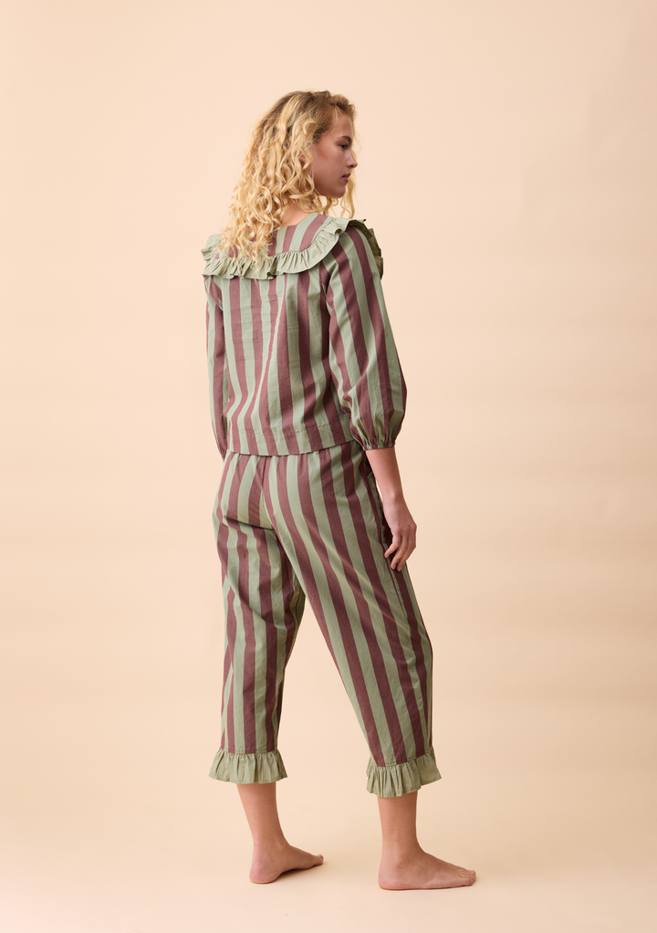 Cropped Cotton Pyjamas in Sage & Brown Stripe Ruffle