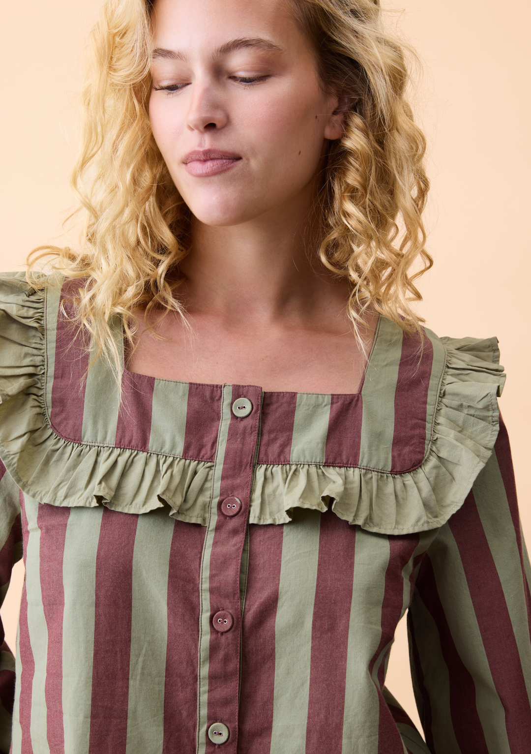 Cropped Cotton Pyjamas in Sage & Brown Stripe Ruffle