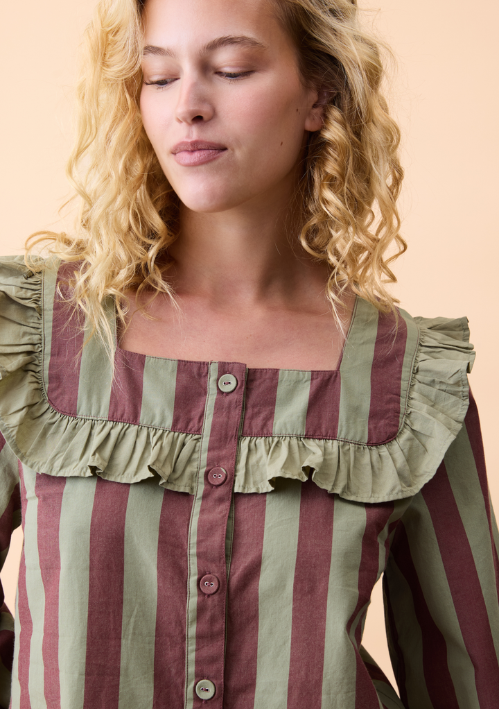 Cropped Cotton Pyjamas in Sage & Brown Stripe Ruffle