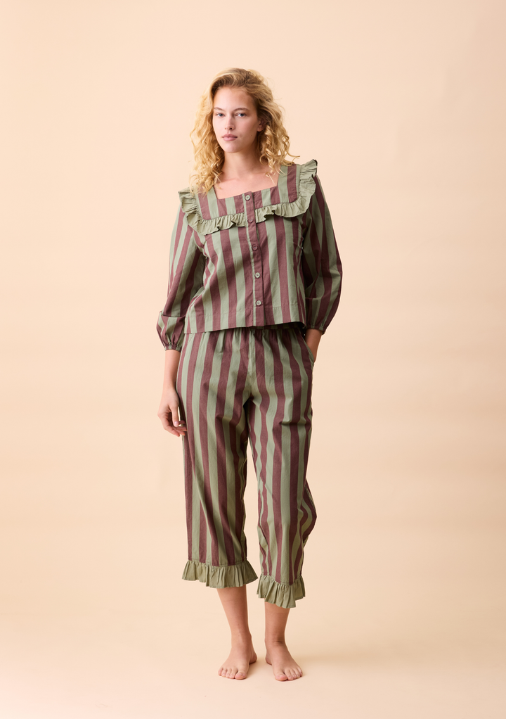 Cropped Cotton Pyjamas in Sage & Brown Stripe Ruffle