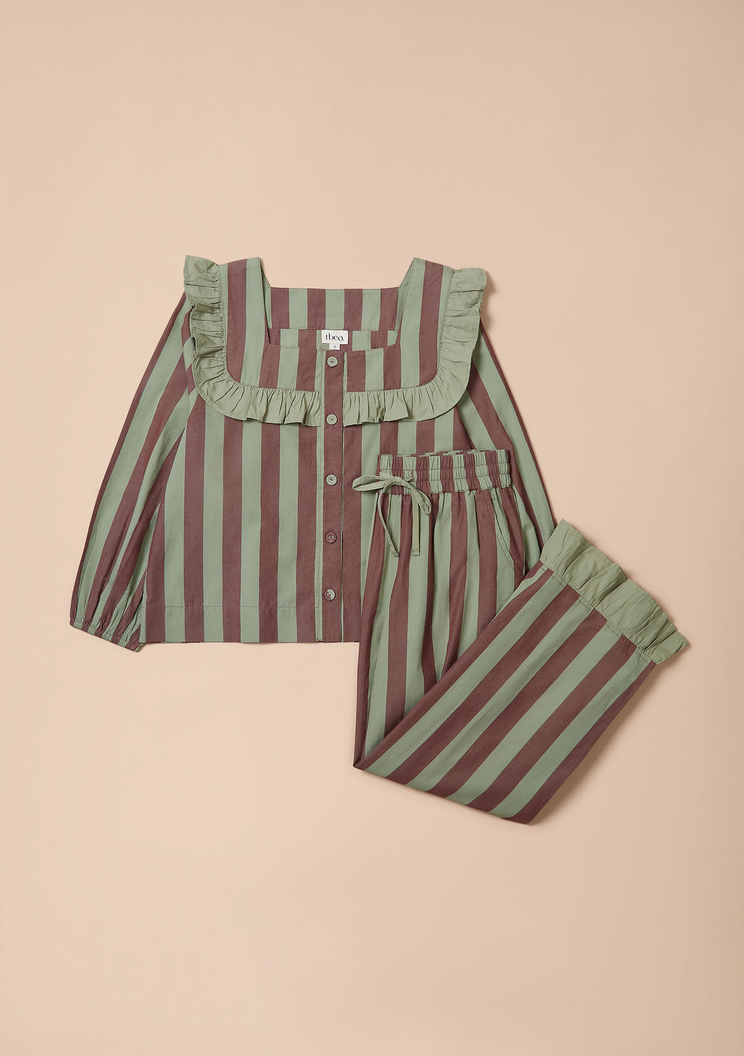 Cotton Pyjamas in Sage & Brown Stripe Ruffle