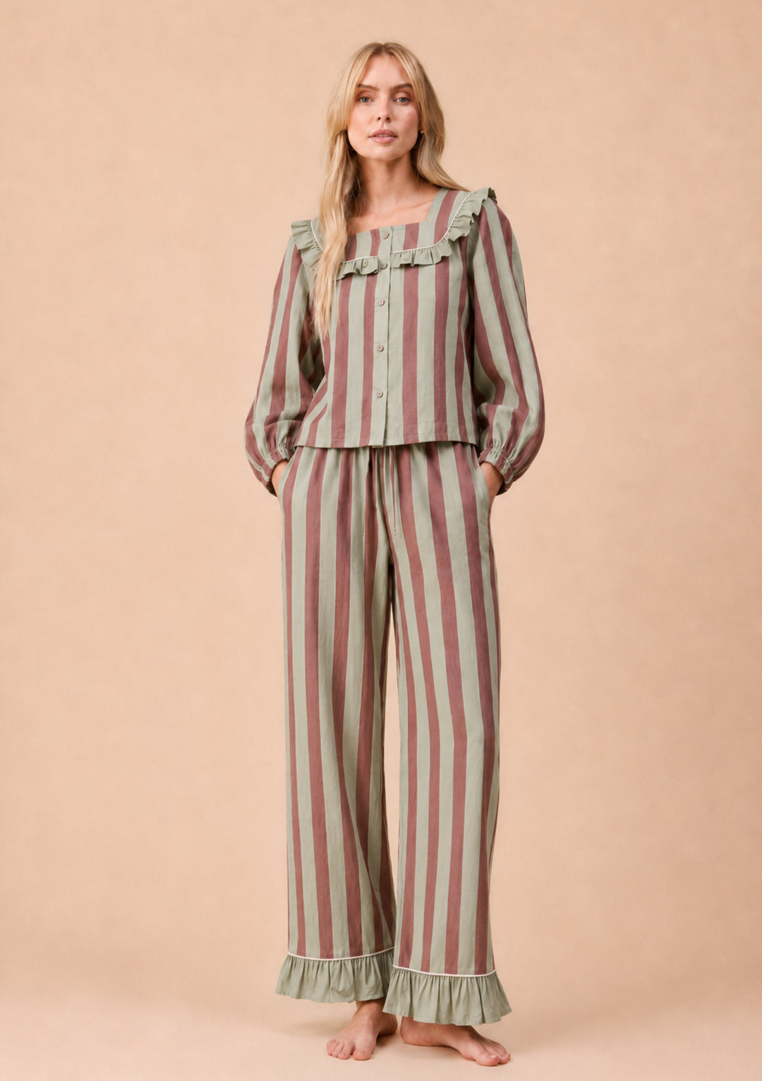 Cotton Pyjamas in Sage & Brown Stripe Ruffle