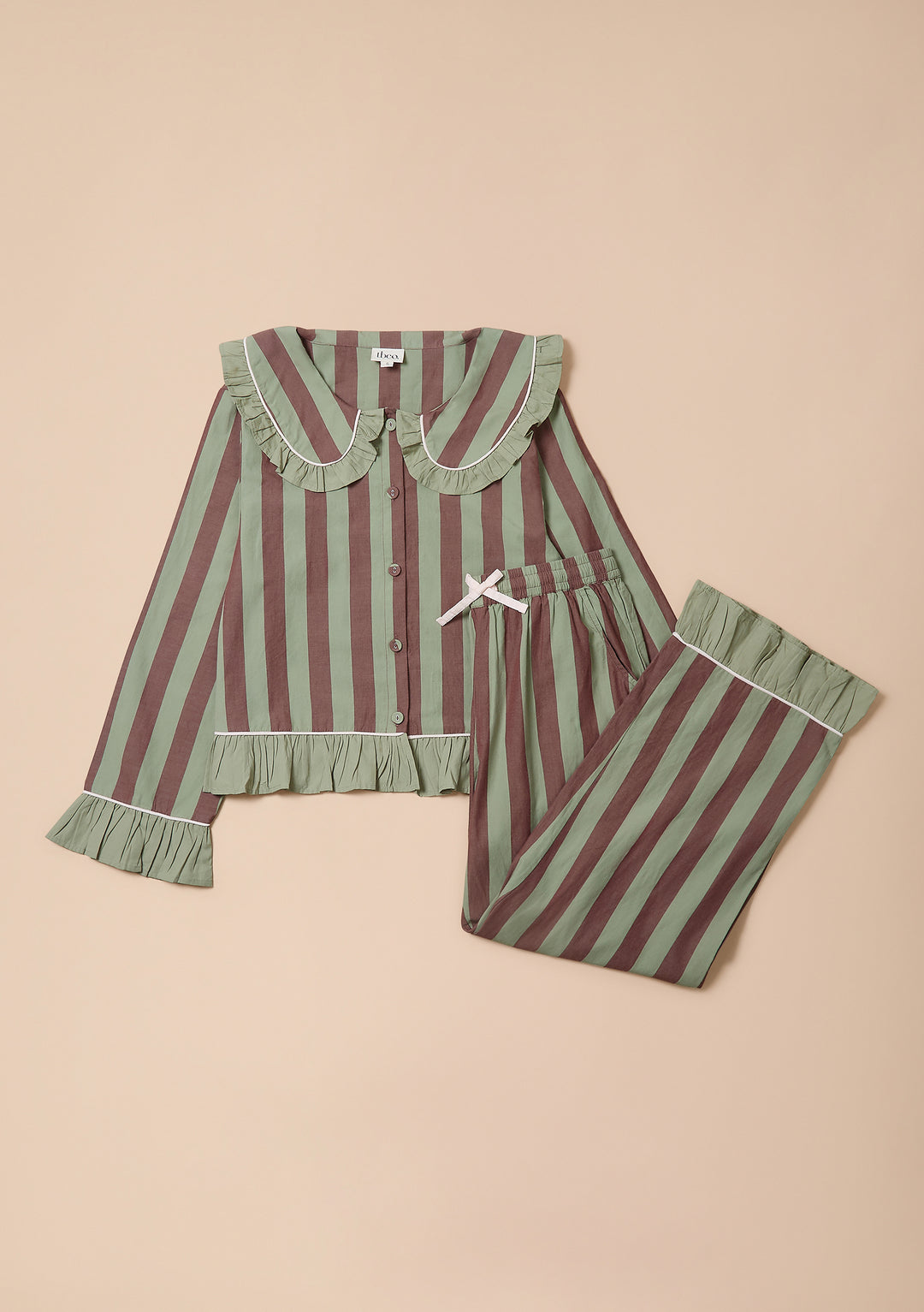 Cotton Pyjamas in Sage & Brown Stripe