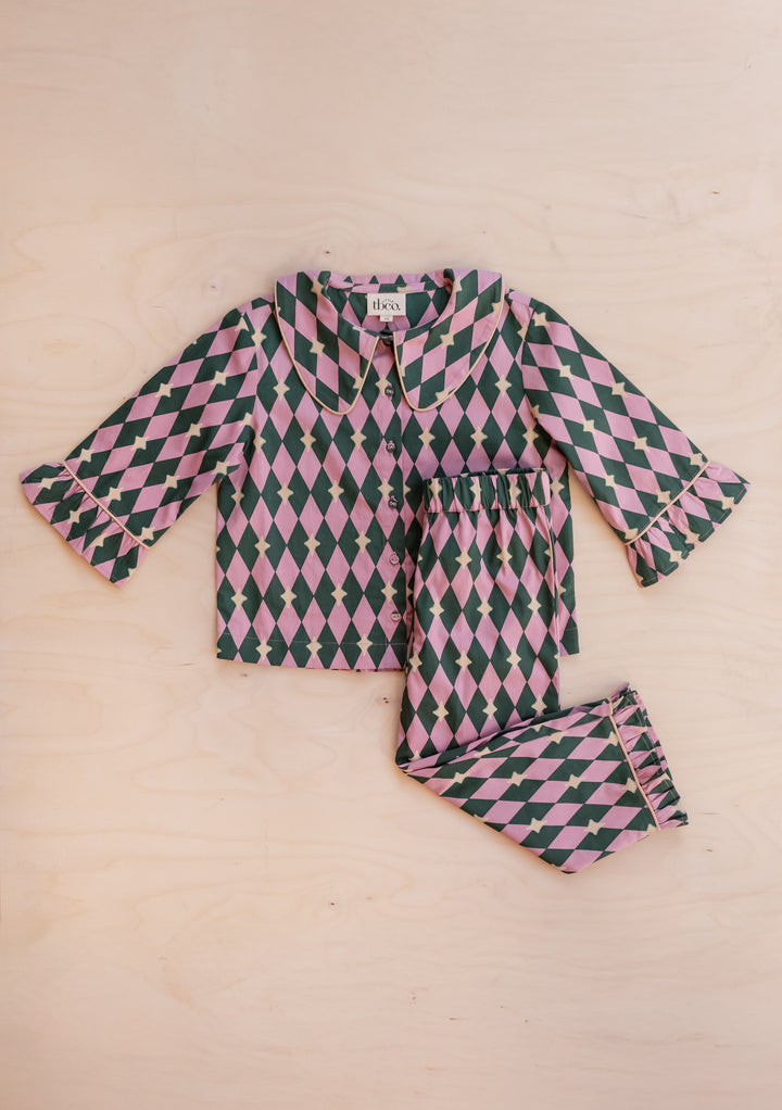 Cotton Kids Pyjamas in Pink Harlequin