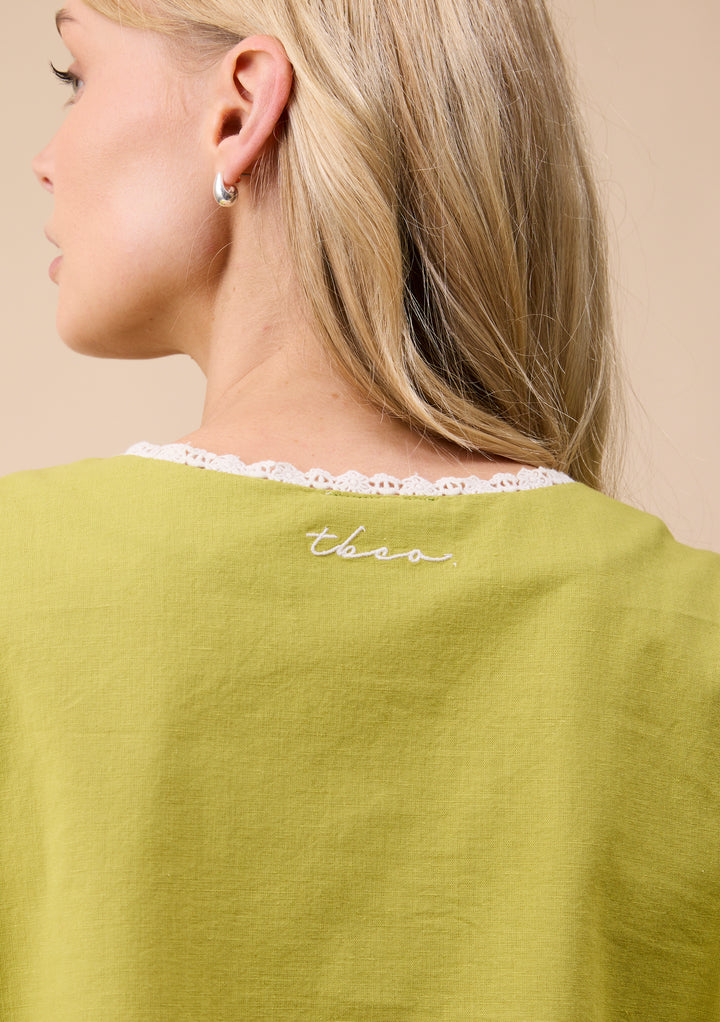 Cotton and Linen Pyjamas in Green Trim