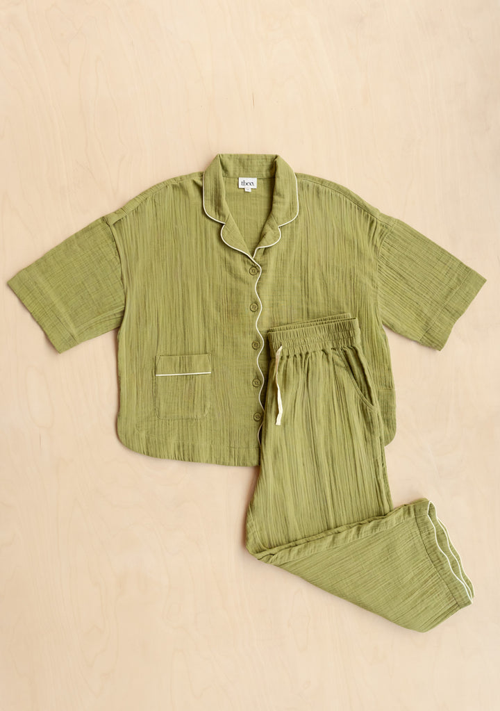 Cropped Cotton Pyjamas in Green by TBCo in gallery position 6 with yellow piping and elastic drawstring design