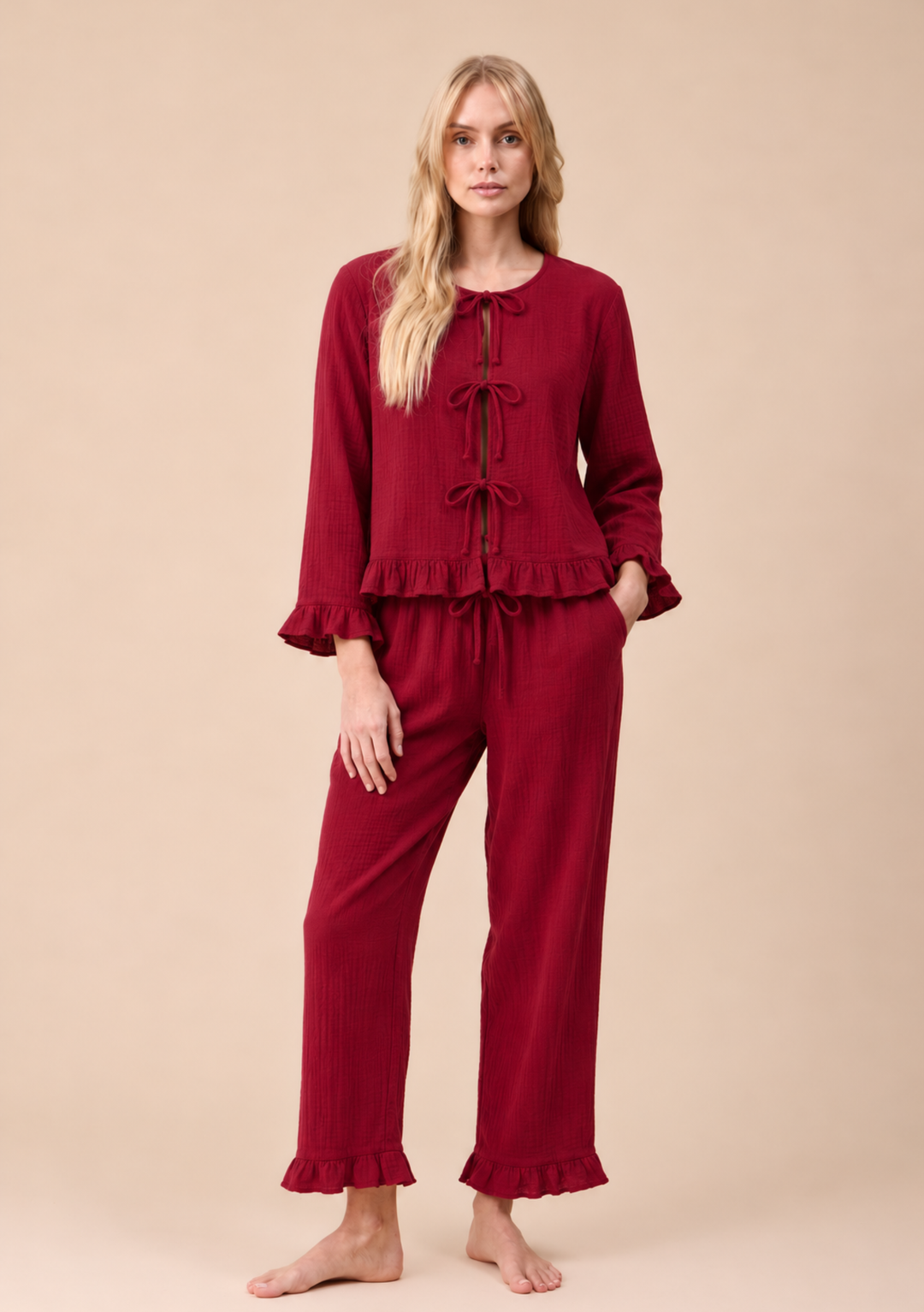 Ankle Grazer Cotton Pyjamas in Red Ruffle