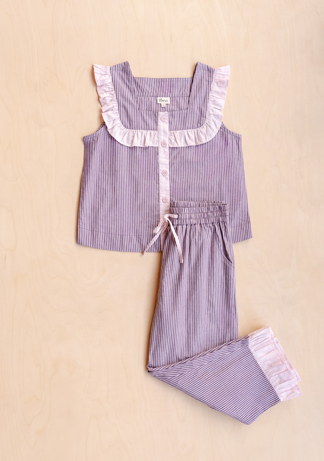 Tbco Pyjamas TBCo Cropped Cotton Women's Pyjamas in Burgundy Stripe Ruffle