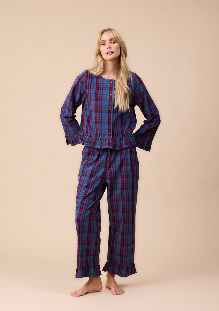 Pyjama court en coton à motif tartan bleu marine avec volants