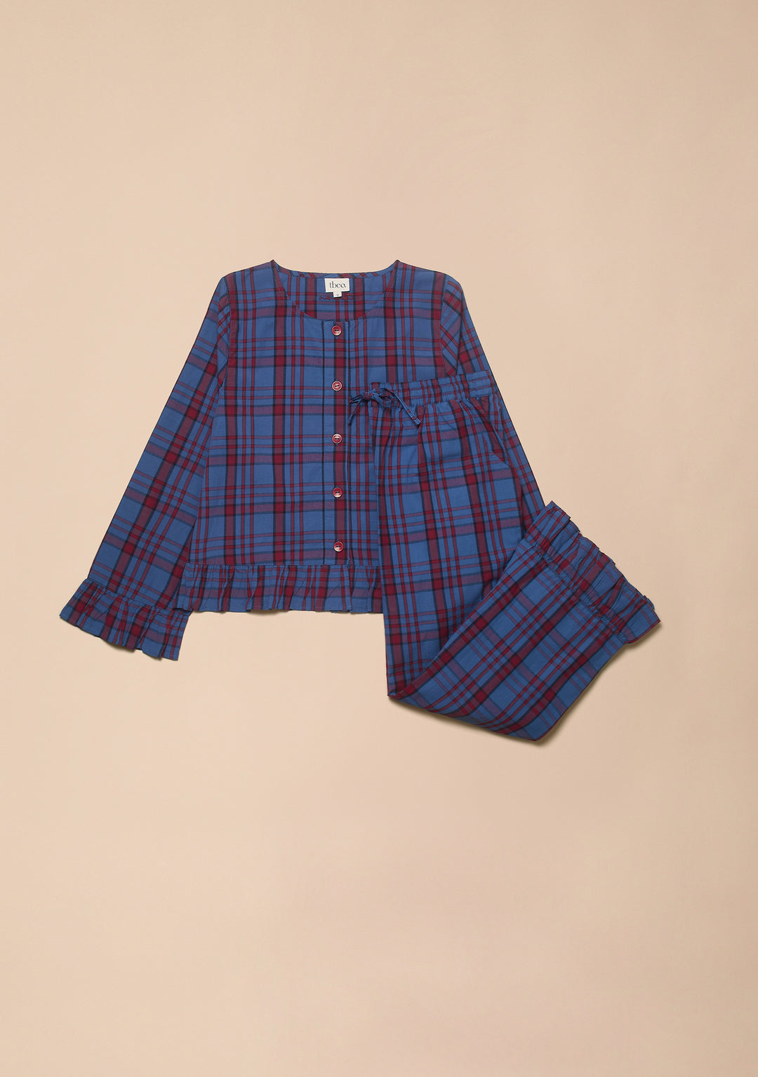 Pyjama court en coton à motif tartan bleu marine avec volants