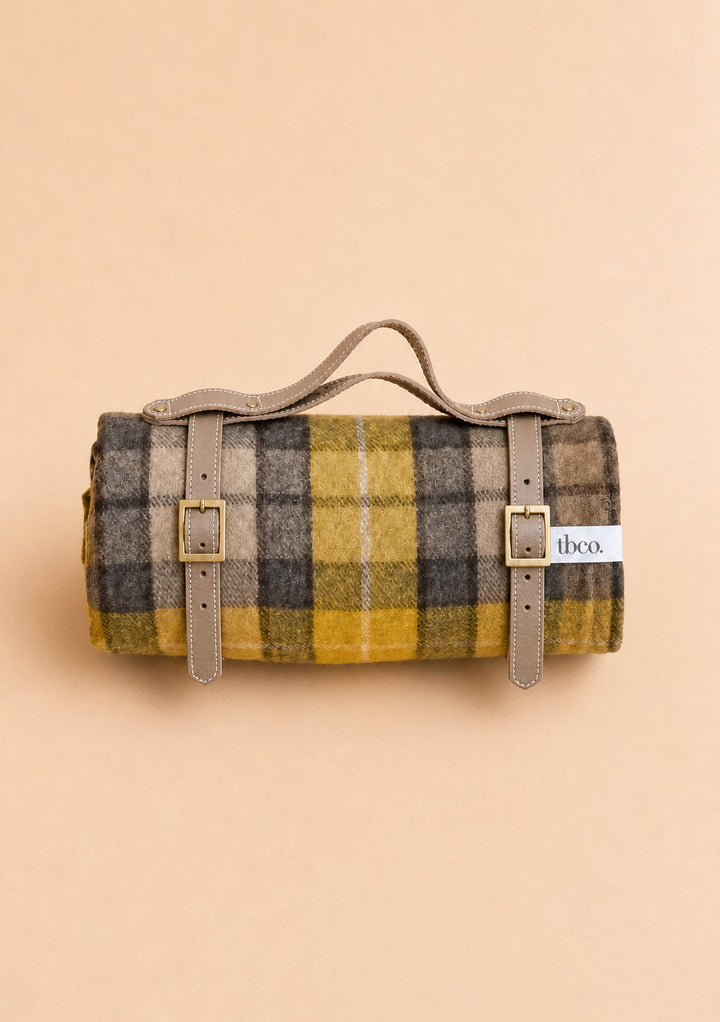 Couverture de pique-nique en laine recyclée en tartan naturel Buchanan 