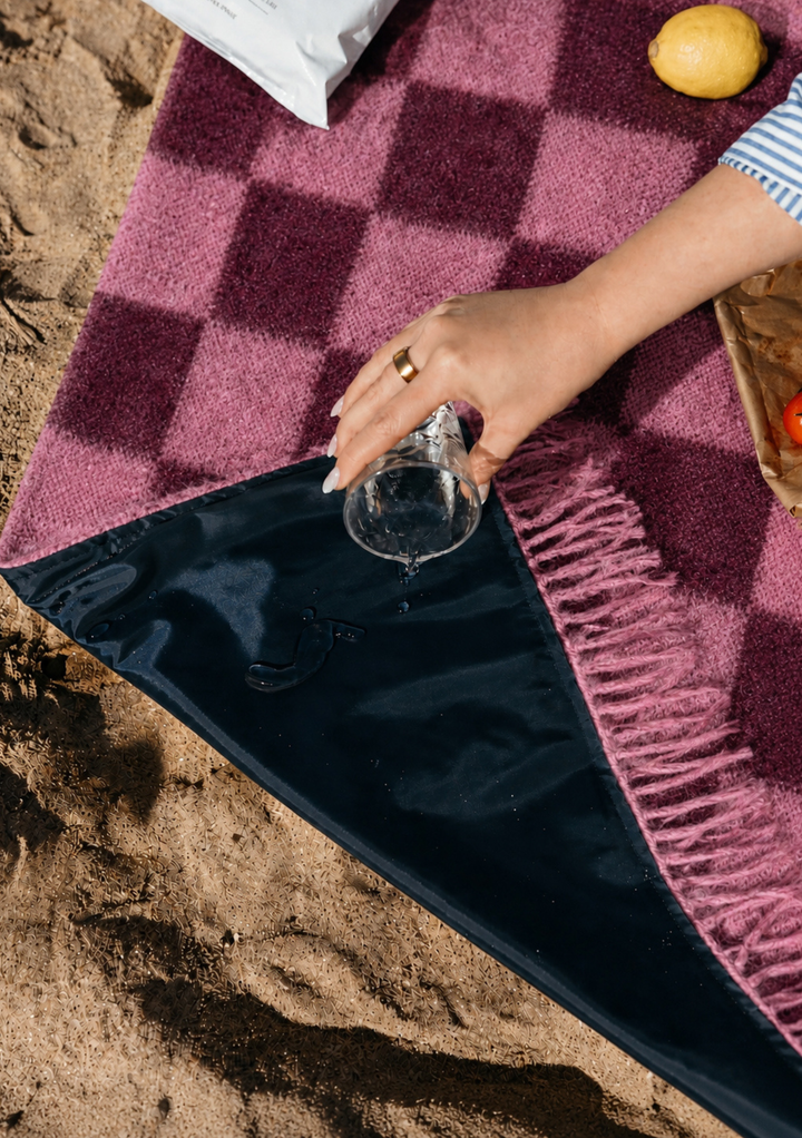 Water Resistant Recycled Wool Picnic Blanket in Rose & Fig Checkerboard