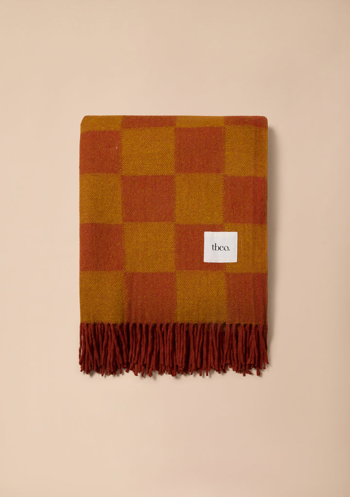 Couverture en laine recyclée à motif damier moutarde et orange