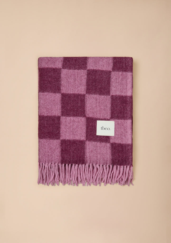 Recycled Wool Blanket in Rose and Fig Checkerboard