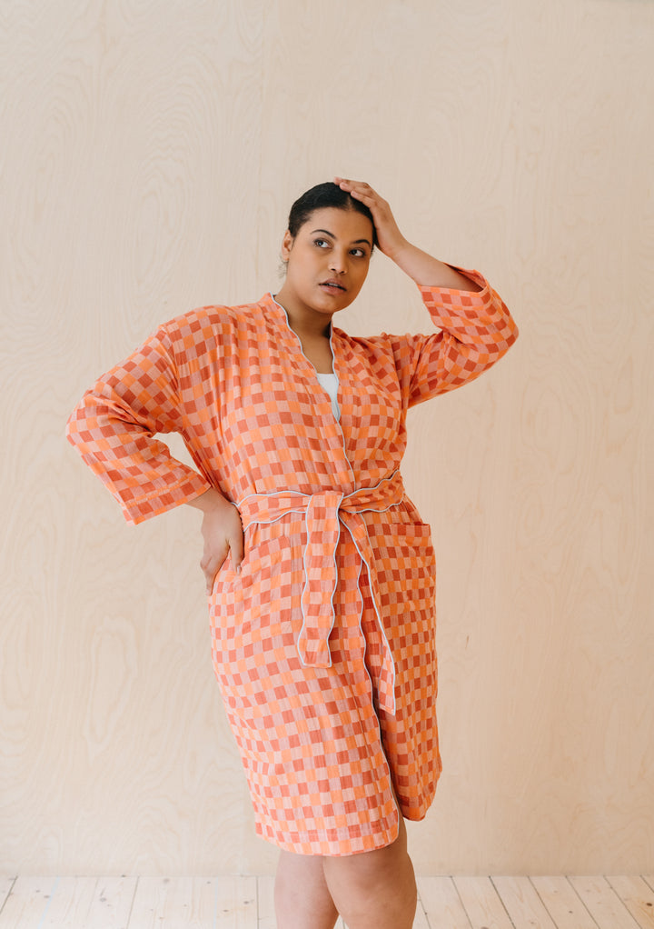 TBCo Cotton Robe in apricot checkerboard pattern, featuring scalloped edges, crinkle cotton fabric and belt with pockets