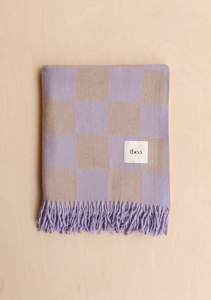 Recycled Wool Blanket in Lilac & Coffee Checkerboard