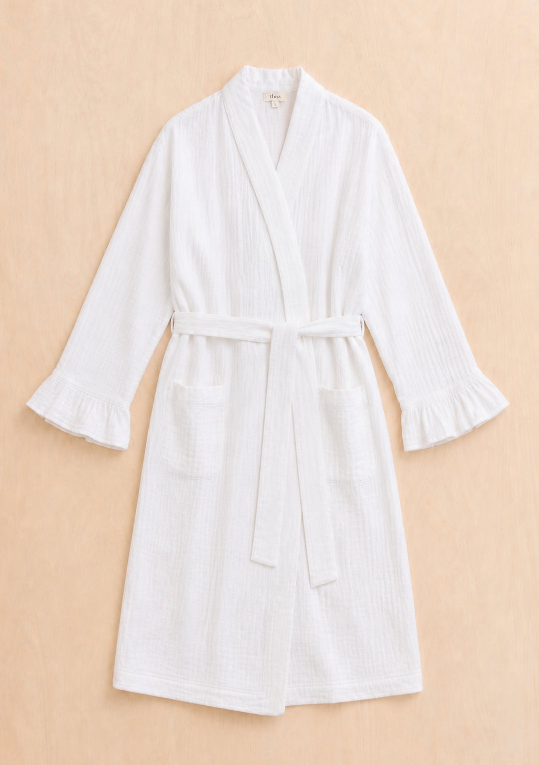 TBCo Cotton Robe in White Ruffle with natural and recycled fibres, Certified B-Corp, Women-Founded, designed to make an impact