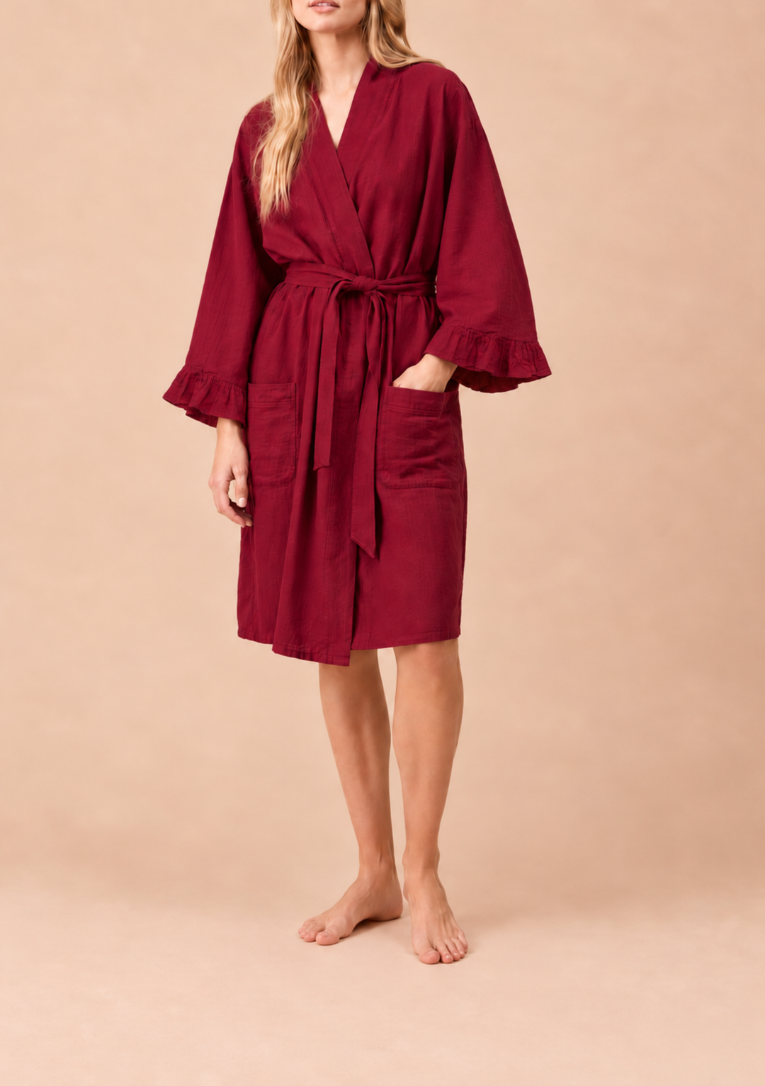 Cotton Robe in Deep Red Ruffle