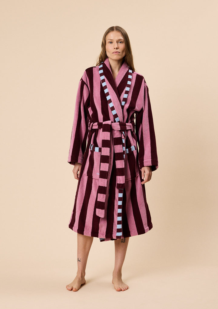 Terry Cotton Bath Robe in Burgundy Stripe