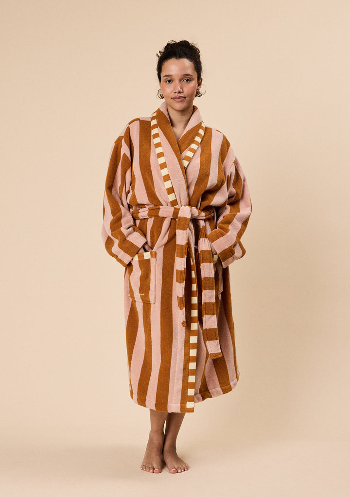 Terry Cotton Bath Robe in Honeycomb Stripe