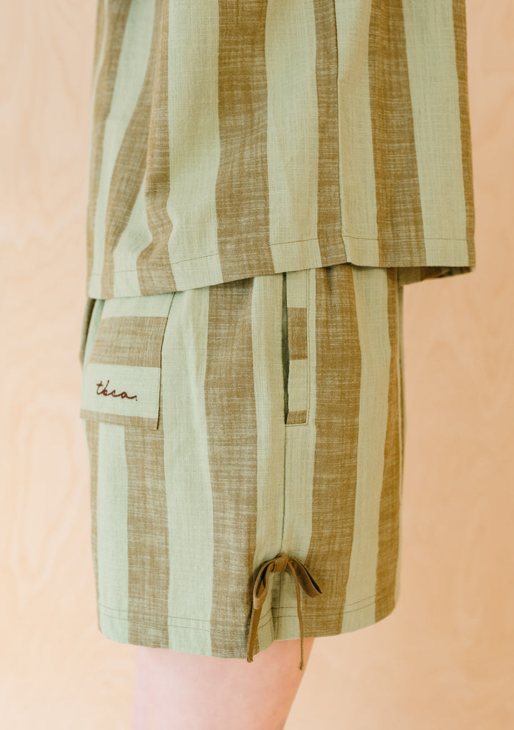 Cotton Tie Shorts in Green & Brown Stripe