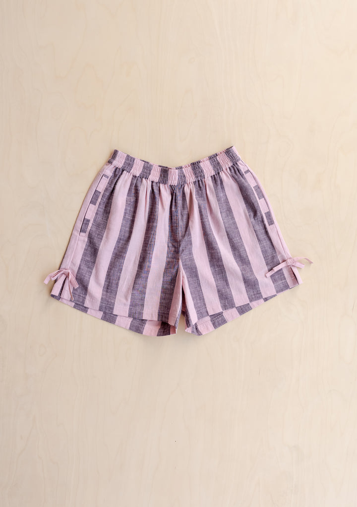Cotton Tie Shorts in Pink & Burgundy Stripe