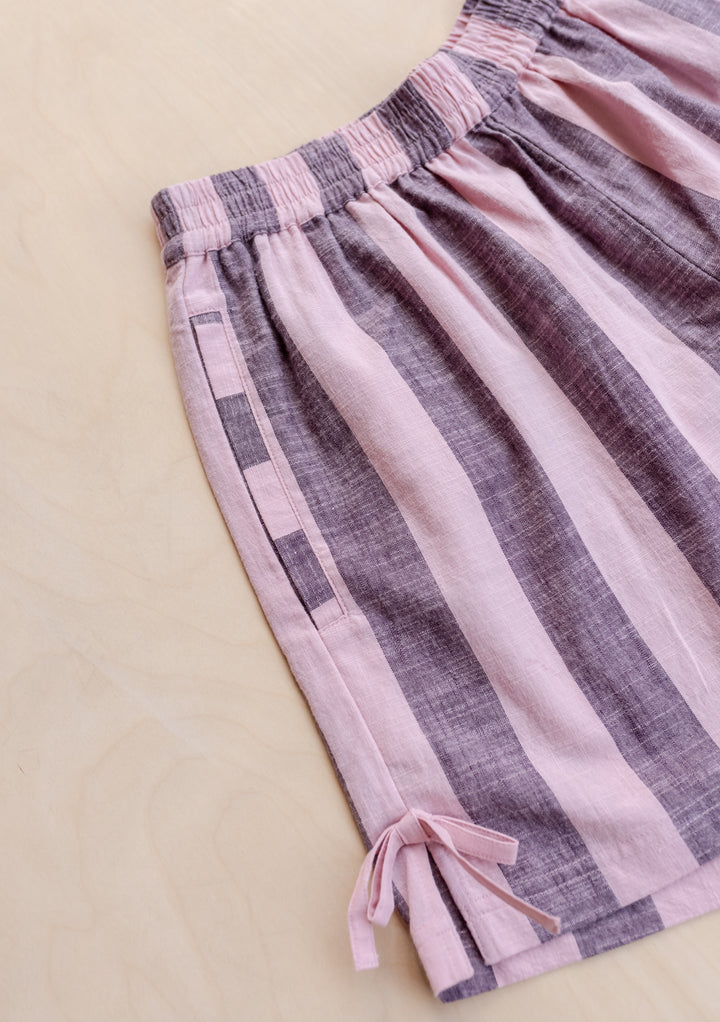 Cotton Tie Shorts in Pink & Burgundy Stripe