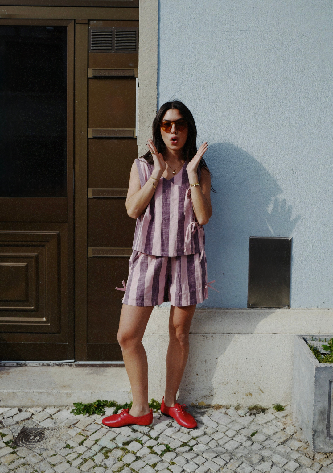 Cotton Tie Shorts in Pink & Burgundy Stripe