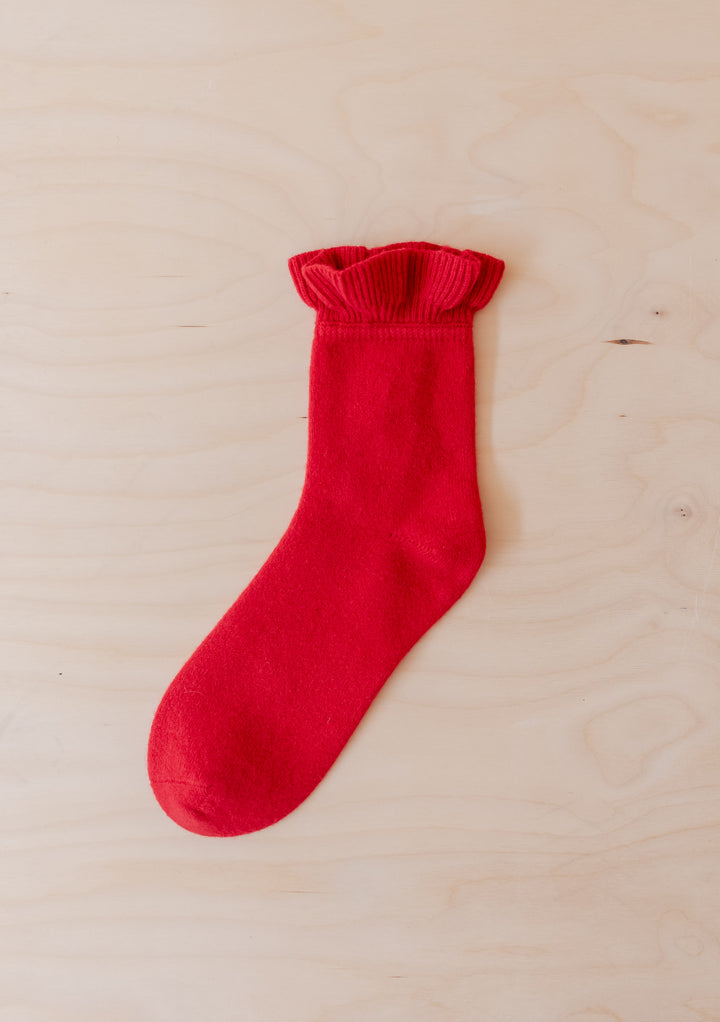 Red Merino Wool Socks in Red Frilly by TBCo with soft frilled edges and natural insulation for warmth and breathability.