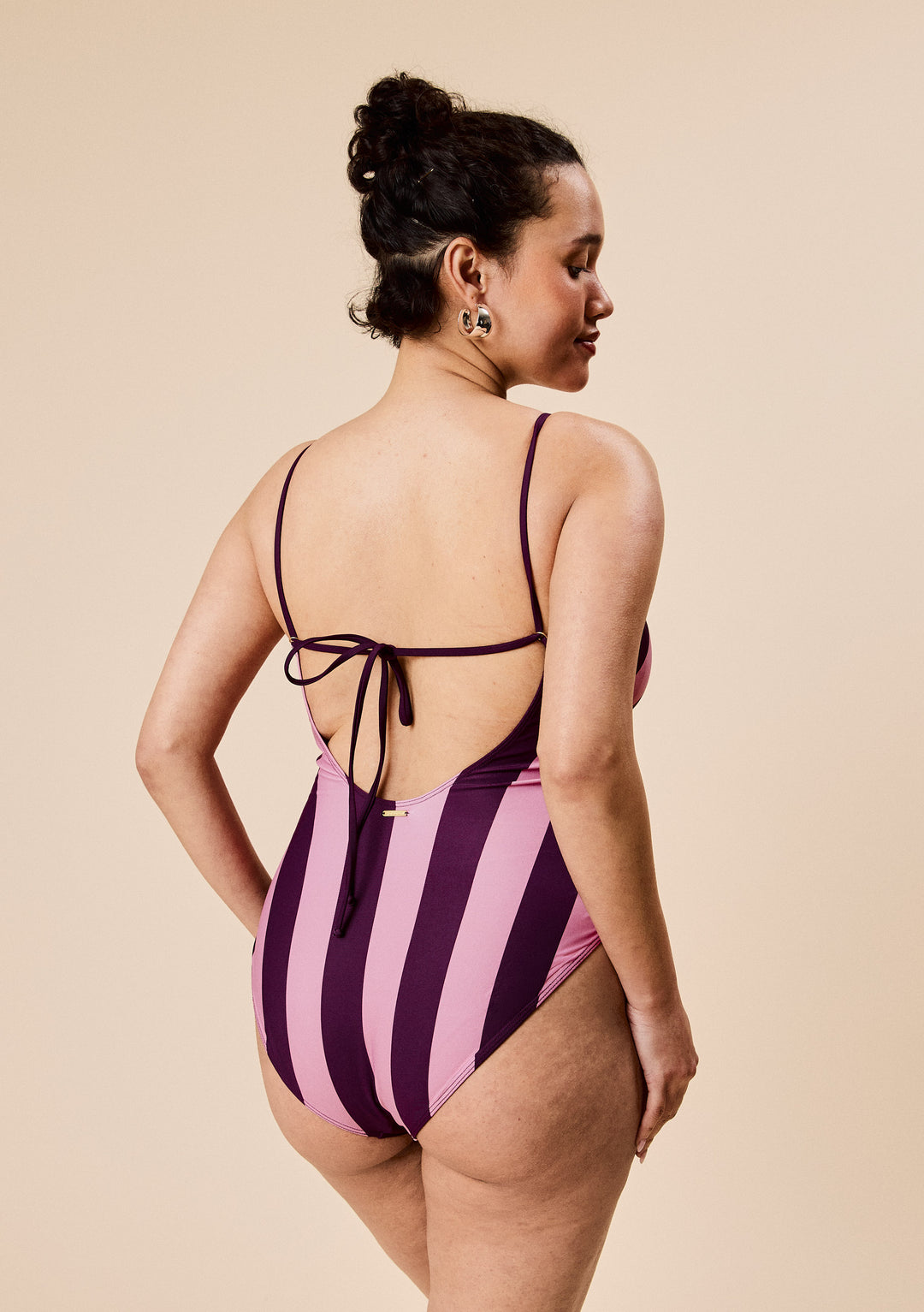 Gathered Swimsuit in Pink & Burgundy Stripe