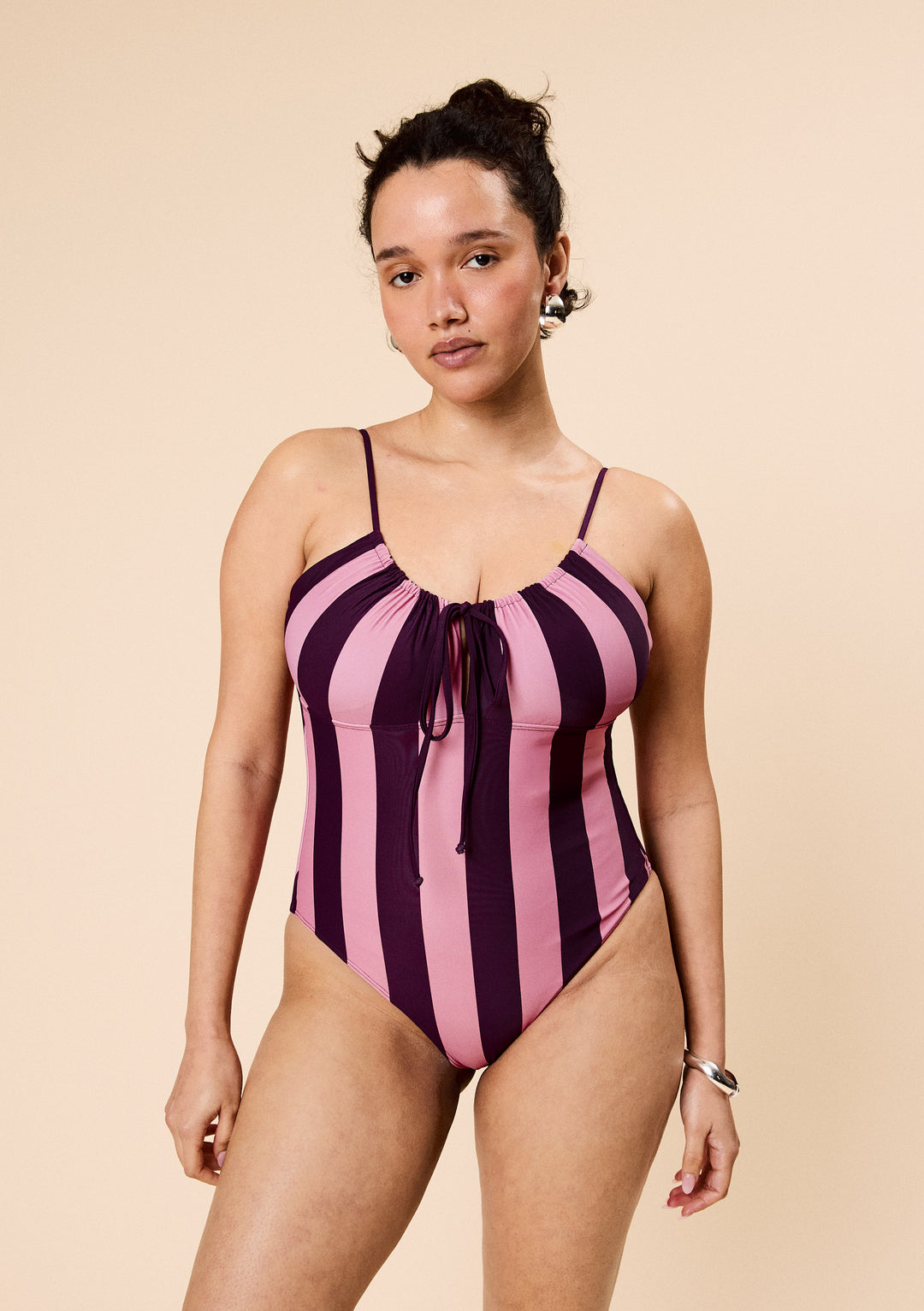Gathered Swimsuit in Pink & Burgundy Stripe