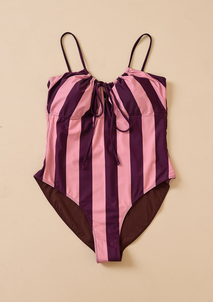 Gathered Swimsuit in Pink & Burgundy Stripe