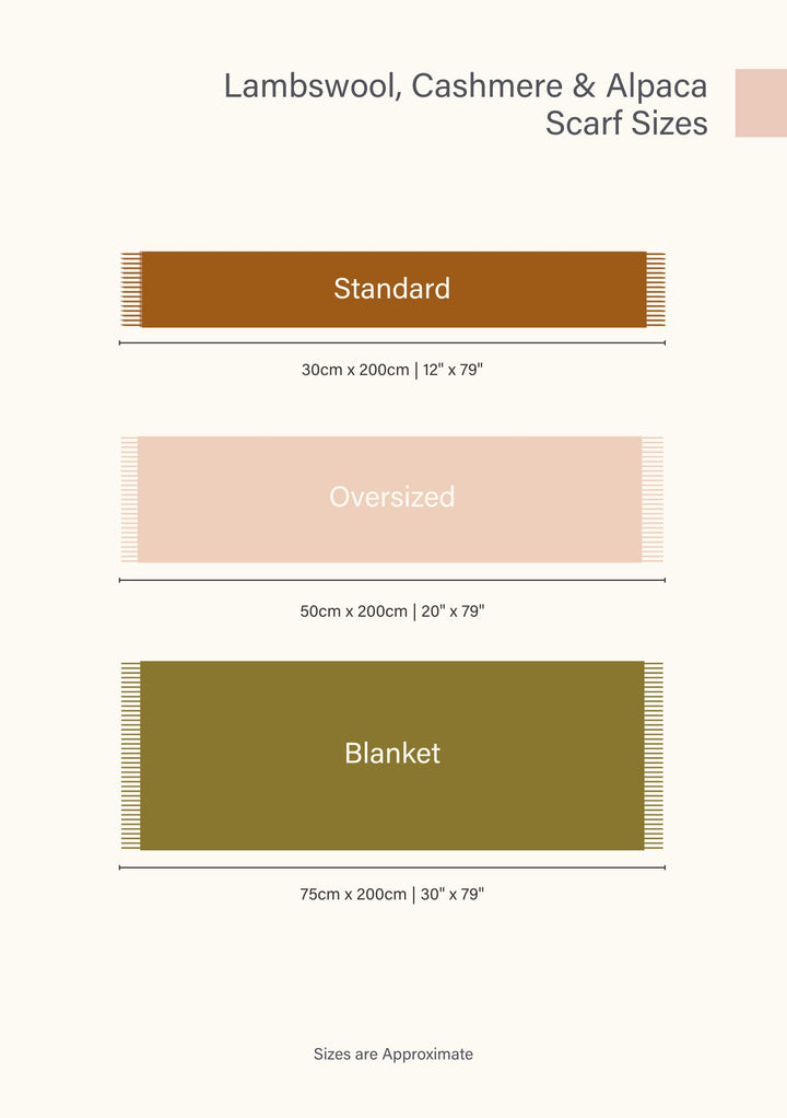TBCo Lambswool Blanket Scarf size comparison chart showing standard, oversized and blanket dimensions with measurements in centimetres
