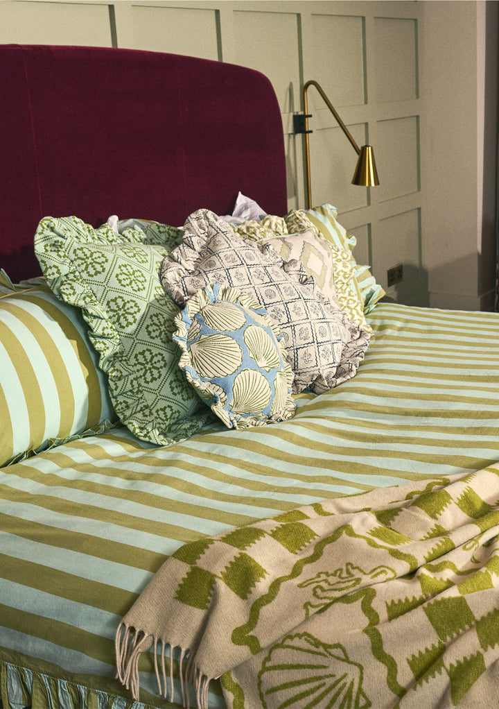 TBCo Cotton Duvet Cover & Pillowcases Set in Mint Stripe featuring soft wide stripes and delicate ruffled edges on cotton fabric