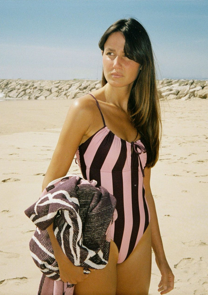 Gathered Swimsuit in Pink & Burgundy Stripe