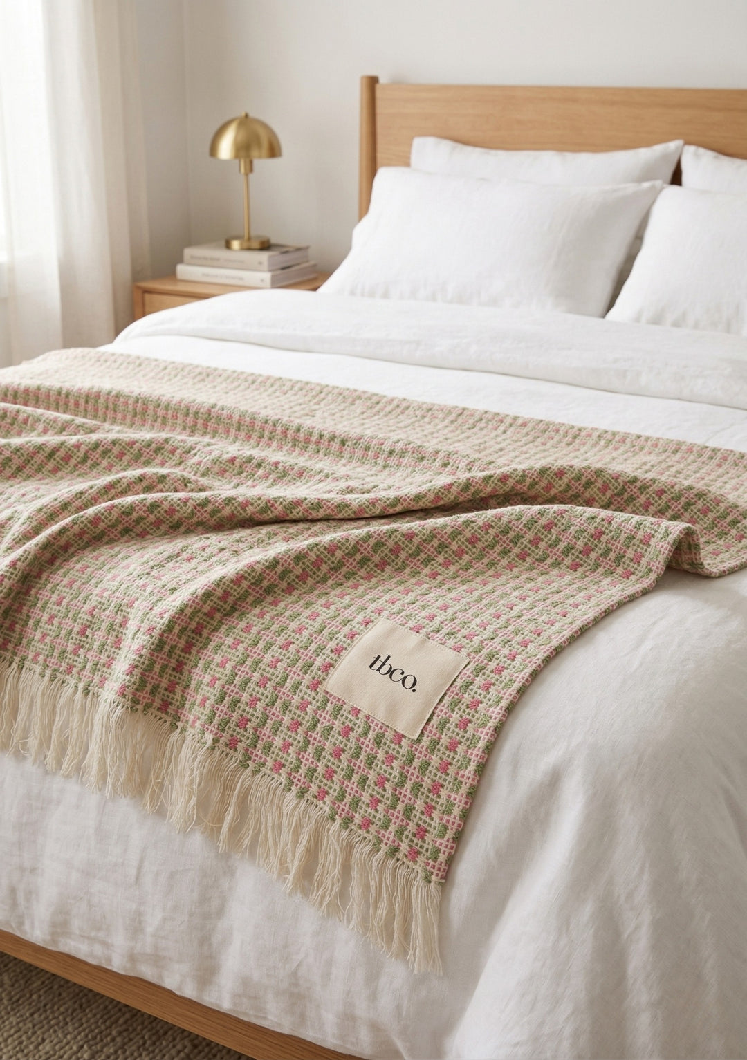 Cotton Throw in Rose Geometric by TBCo with woven jacquard texture, natural and recycled fibres, Certified B-Corp, Women-Founded, designed to make an impact