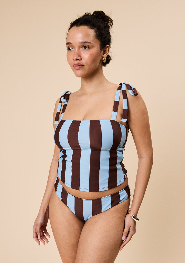 Bow Tankini Top in Blue & Brown Stripe