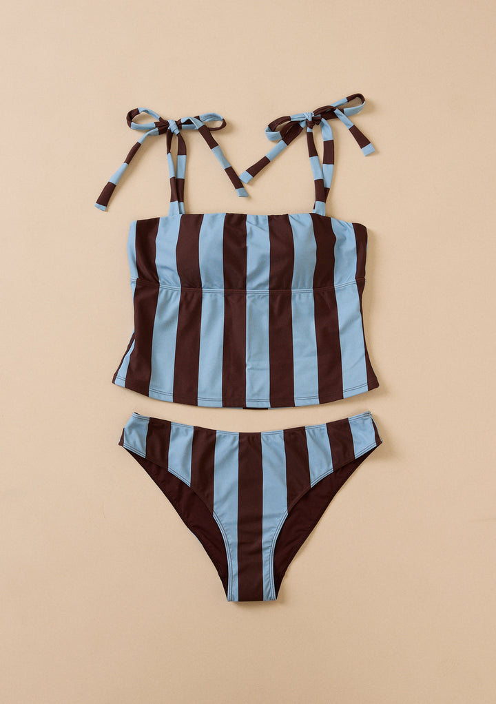 Bow Tankini Top in Blue & Brown Stripe