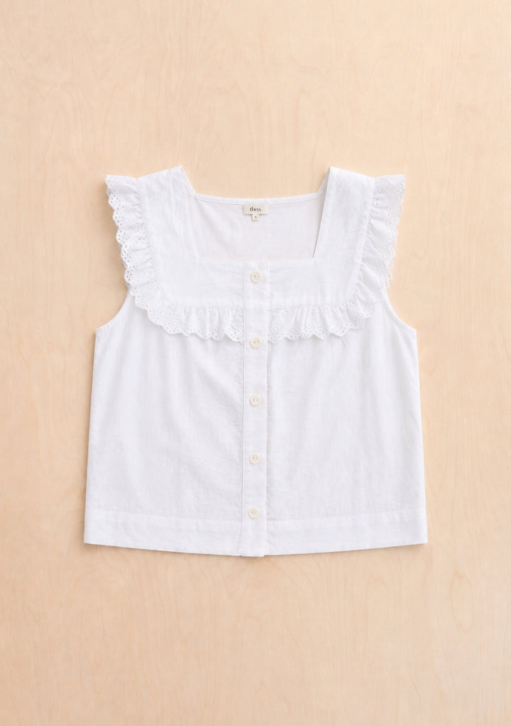 Cotton Broderie Sleeveless Top in White by TBCo, crafted with natural and recycled fibres, Certified B-Corp, Women-Founded, designed to make an impact