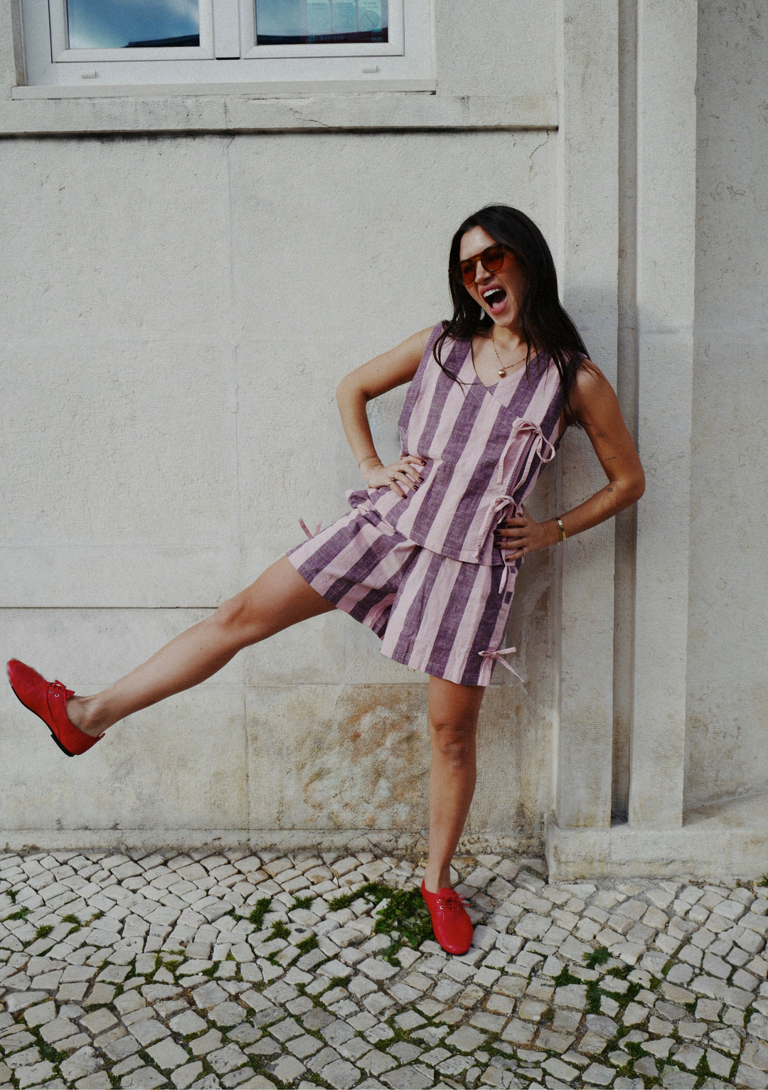 Cotton Tie Top in Pink & Burgundy Stripe