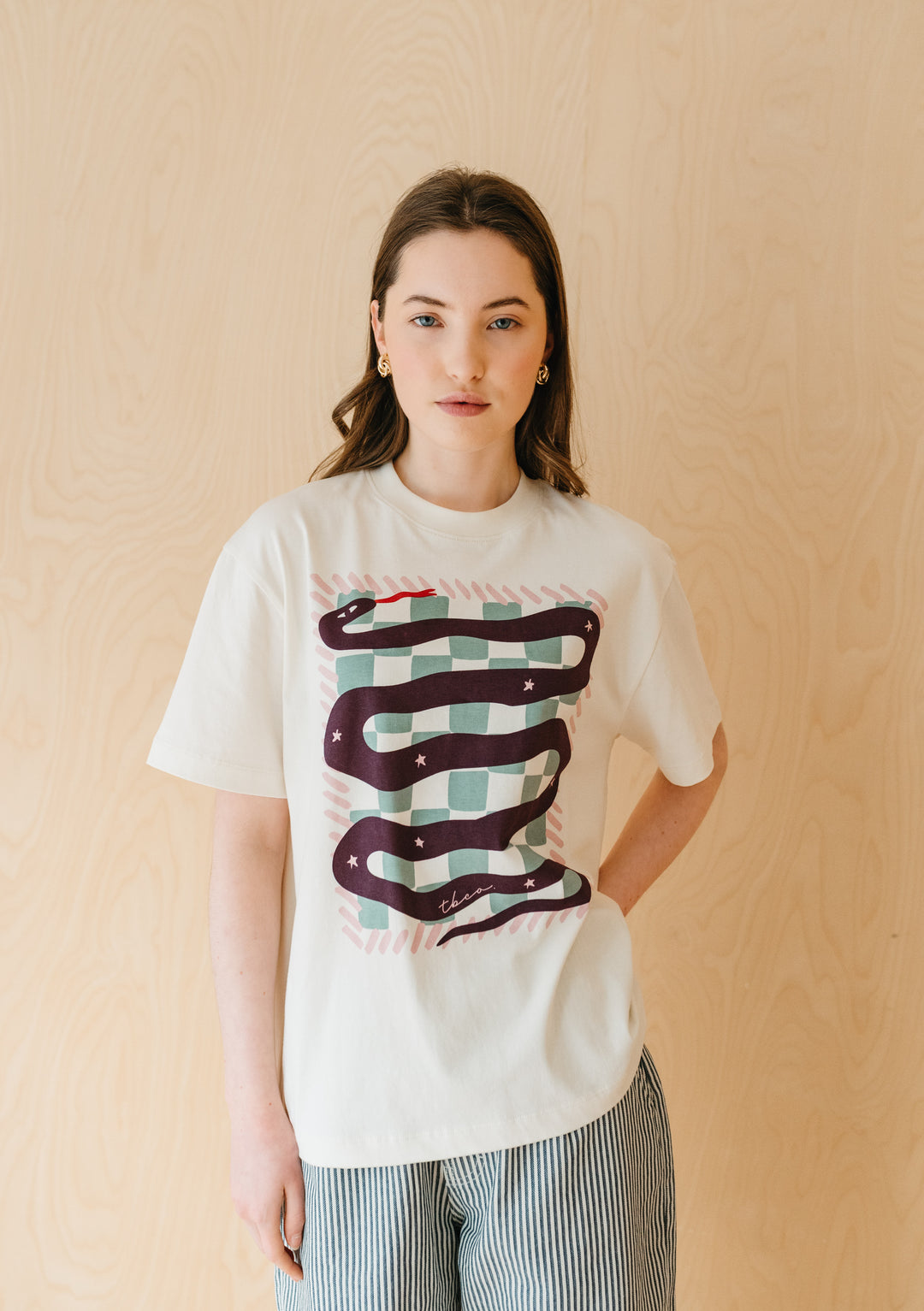 Cotton T-Shirt in Ecru Snake