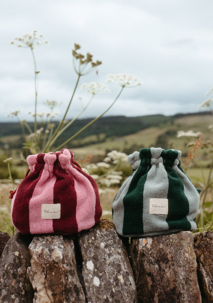 Cotton Towelling Wash Bag in Green Stripe