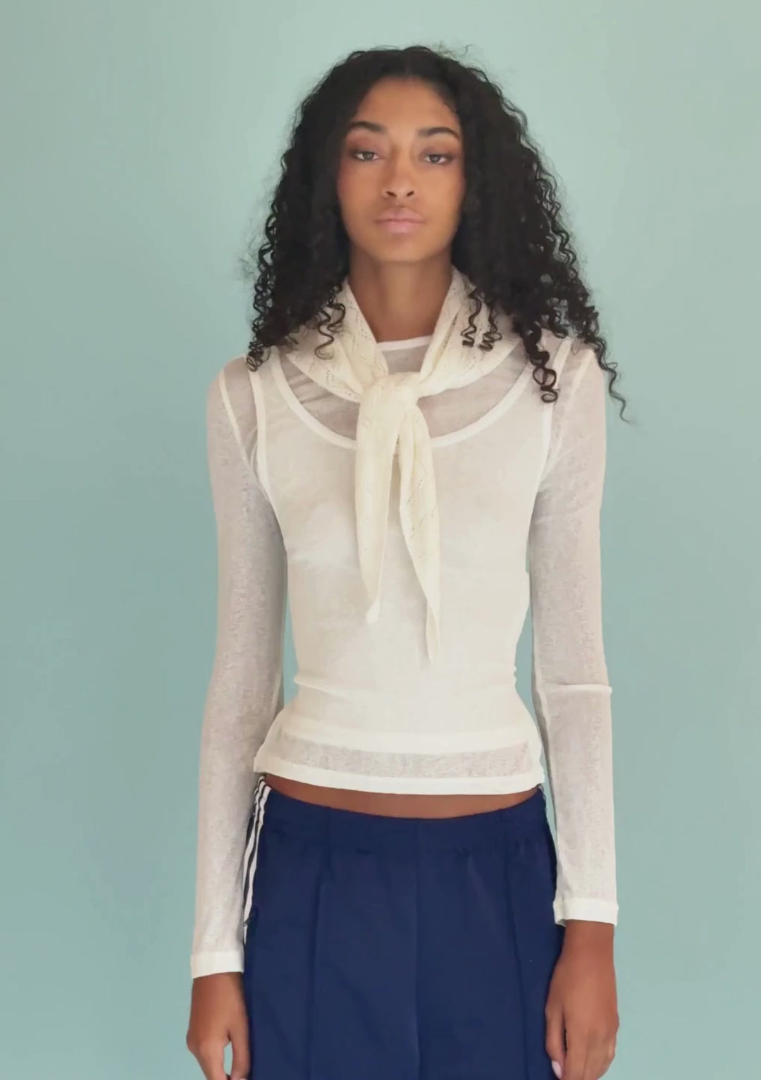 Merino Wool Triangle Scarf in White Pointelle