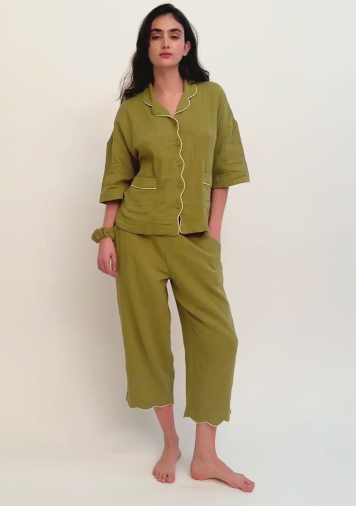 Cropped Cotton Pyjamas in Green