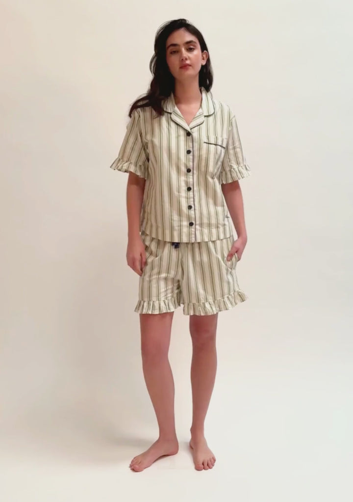 Cotton Pyjamas in Olive Stripe Ruffle