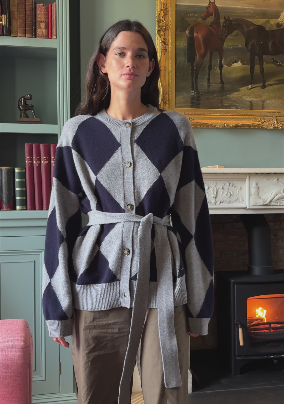 Merino Wool Belted Cardigan in Grey Argyle