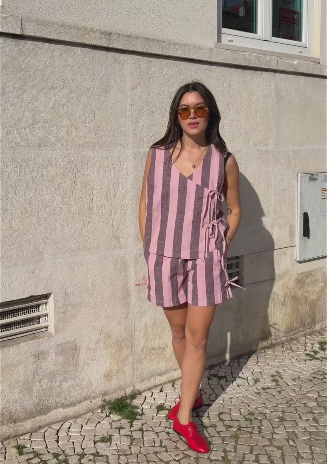 Cotton Tie Top in Pink & Burgundy Stripe